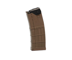 Tan curved rifle magazine with black feed lips.