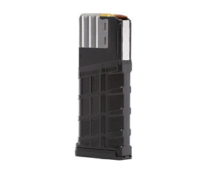 Detachable pistol magazine with silver feed lips and a black textured polymer body