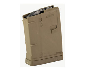 Detachable tan polymer rifle magazine standing upright (ammo magazine for a semi-automatic firearm)