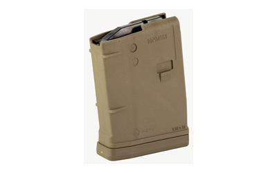 Detachable tan polymer rifle magazine standing upright (ammo magazine for a semi-automatic firearm)