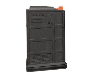 Black detachable firearm magazine with an orange follower, shown from the side.