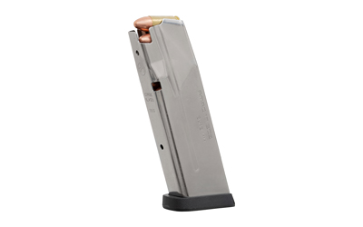 Pistol magazine with rounds visible at the top, standing upright on a small black base on a white background.