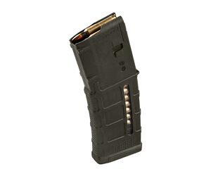 Pistol magazine loaded with cartridges, shown at an angle.