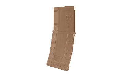 Tan polymer rifle magazine viewed at an angle, showing its curved body and baseplate.