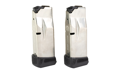 Two stainless steel handgun magazines with black baseplates, standing upright on a white background.