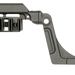 Profile view of a grey adjustable rifle stock with a pistol grip and rails.