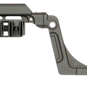 Gray modular rifle stock with adjustable cheek rest and fore-end, shown in profile on white background.