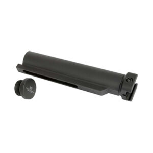 Black cylindrical device with a separate threaded cap and a small mounting bracket on the end, likely a modular component or accessory cap.