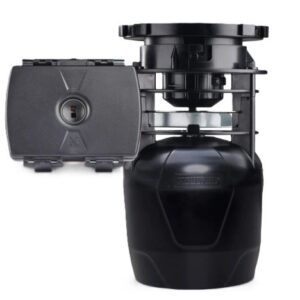 Industrial machinery component: a black, dome-shaped housing with a side-mounted gray control box connected by a metal frame.