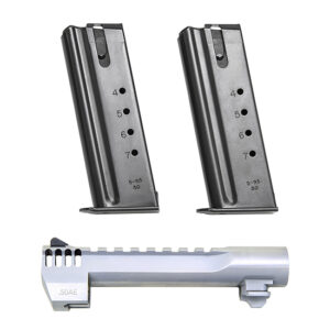 Two pistol magazines standing upright with caliber markings, plus a .50 AE upper receiver/slide assembly below.