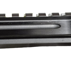 Close-up of a handgun slide component with rails and markings (50AE) on black metal surface, shown from the side during disassembly placeholder view