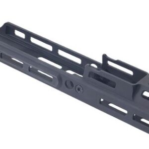 Long black modular firearm handguard with multiple accessory slots and rails for attachments (rifle or similar)