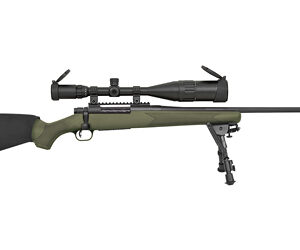 Bolt-action sniper rifle with olive-green stock, long scope, and bipod attached.
