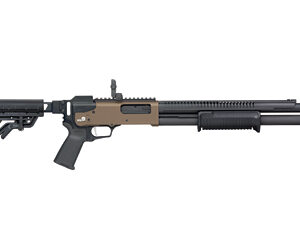 Black and tan tactical semi-automatic rifle with adjustable stock, pistol grip, long barrel, and foregrip.