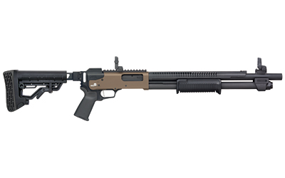 Black and tan semi-automatic rifle with adjustable stock, pistol grip, foregrip, and front and rear sights, shown in profile