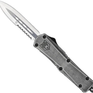 Folding knife with a partly serrated blade and gray metal handle.