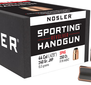 Nosler Sporting Revolver Handgun ammunition box labeled .44 Cal (.429) 240 gr JHP, with two copper bullets and a cartridge stripper
