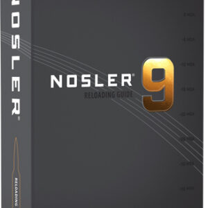 Dark gray 3D box for Nosler Reloading Guide 9, featuring a large bronze '9' and the NOSLER logo on the front; spine shows 'NOSLER' vertically and a faint orange accent along the bottom.
