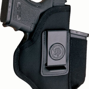 Semi-automatic pistol holstered in a black, belt-clip holster ready for concealed carry