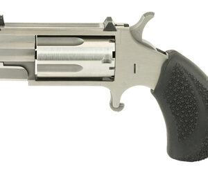 Small silver revolver with a textured black grip, shown from the side leftward direction.