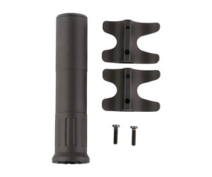 Outdoor security camera mounting kit with a cylindrical housing, two curved wall brackets, and screws for installation