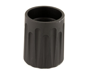 Black knurled plastic threaded cap with internal threads for grip and grip-friendly installation