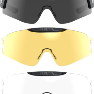 Beretta sports goggles with three interchangeable lenses: smoke, gold mirror, and clear.