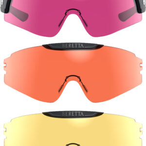 Three Beretta ski goggles stacked vertically with pink, orange, and yellow mirrored lenses on black frames and straps.