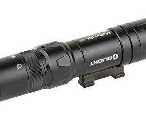 Black handheld tactical flashlight with a rail mount, shown from the side and horizontal orientation.