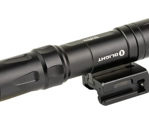 Black tactical flashlight with a Picatinny rail mount attached to a small bracket, oriented to the left