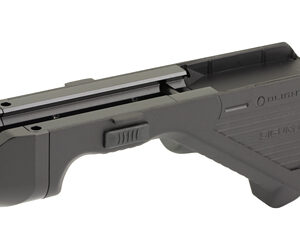 Side view of a compact pistol-like device with a front lens and integrated stock, shown in dark gray.