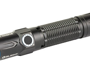 Black tactical flashlight with a blue bezel and textured ribbed body.