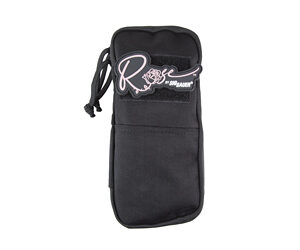 Black fabric carrying case with a zipper and a small attached wrist strap
