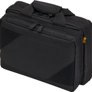 Black rectangular carry bag with two zippered compartments and top handles, likely for a laptop or gear storage.