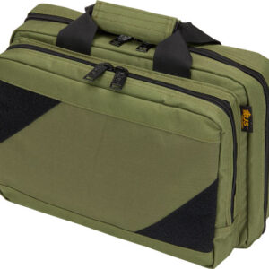 Green rectangular carry bag with multiple zippers and black handles, likely a compact travel or work briefcase with front organizers