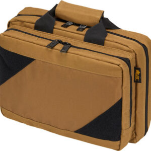 Tan tool bag with multiple zippered compartments and black handles, shown at an angle.