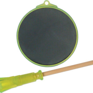 Round green-framed mini chalkboard with a hanging hole, paired with a wooden pointer wand.