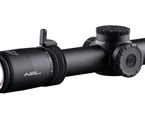 Black rifle scope with a large objective lens, adjustable turrets, and mounting rings on a matte finish frame.