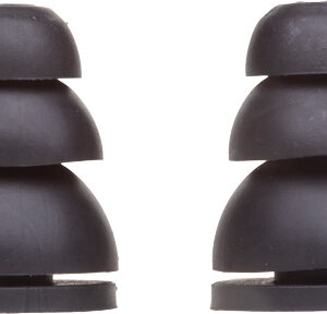 Two vertical stacks of three black, dome-shaped discs each on a white background.