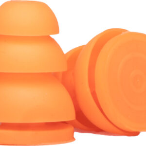 Stack of orange earplugs stacked in a column with a few loose plugs on the side.