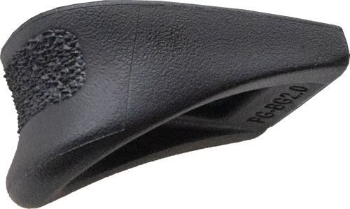 Black curved plastic bike accessory with a textured grip area on the left and raised lettering on the inner curve.
