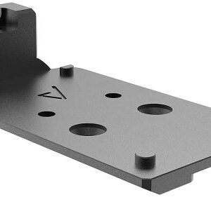Gray metal mounting plate with three circular holes and a clamping block on the left end