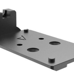 Metal mounting bracket with a flat rectangular plate, three circular holes, four small stubs, and a raised clamp at one end.