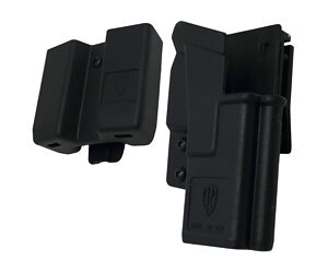 Pair of black polymer magazine pouches with belt/clasp mounts on a white background