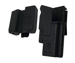 Set of black handgun holsters with belt clips and retention features, shown together against a white background