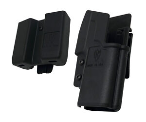Black pistol holster with belt clip and spare mag pouch, shown from a side angle
