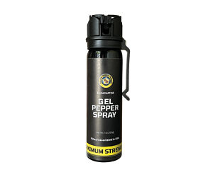 Pepper spray canister in black with a yellow 'Premium Strength' band and a side grip, labeled Gel Pepper Spray for personal protection.