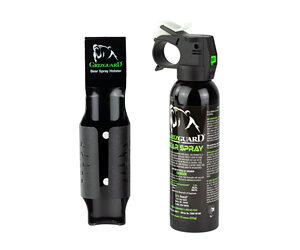 Two black bear spray canisters with green labels, one in a holster and the other upright, designed as bear deterrents.