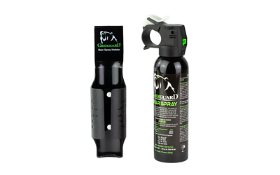 Two black bear spray canisters with green labels, one in a holster and the other upright, designed as bear deterrents.