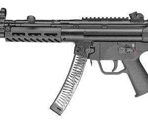 Black assault rifle shown in profile with a transparent curved magazine and foregrip, facing left